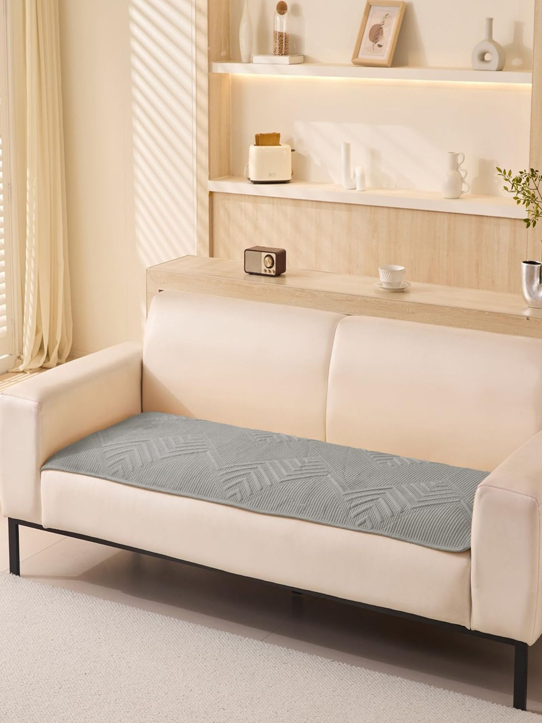 HOUSE OF QUIRK Herringbone Chenille Grey Self Design Velvet Anti-Slip 4 Seater Sofa Mat