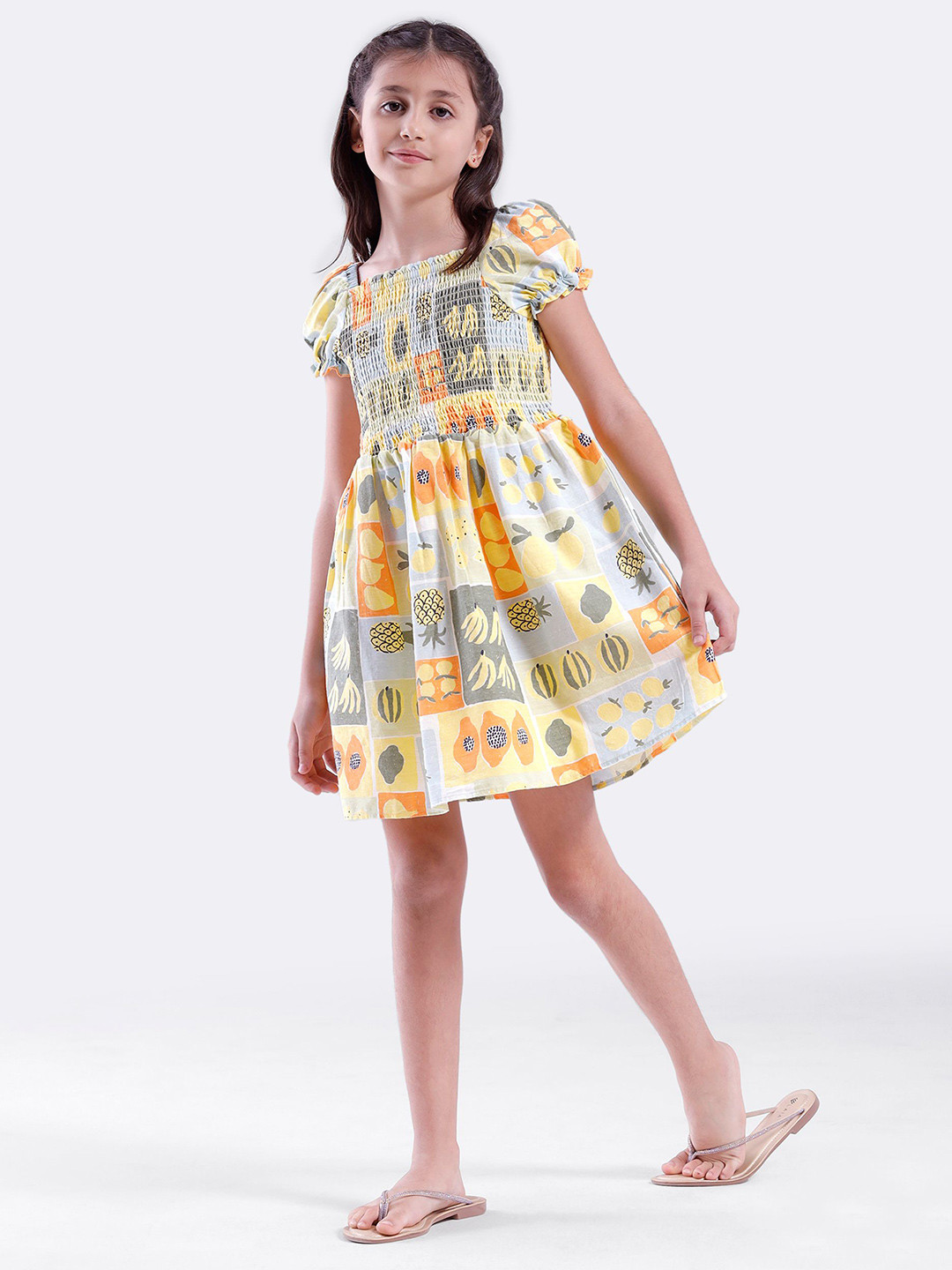 KATE & OSCAR Girls Printed Puff Sleeves Smocked Detail Cotton Flare Dress