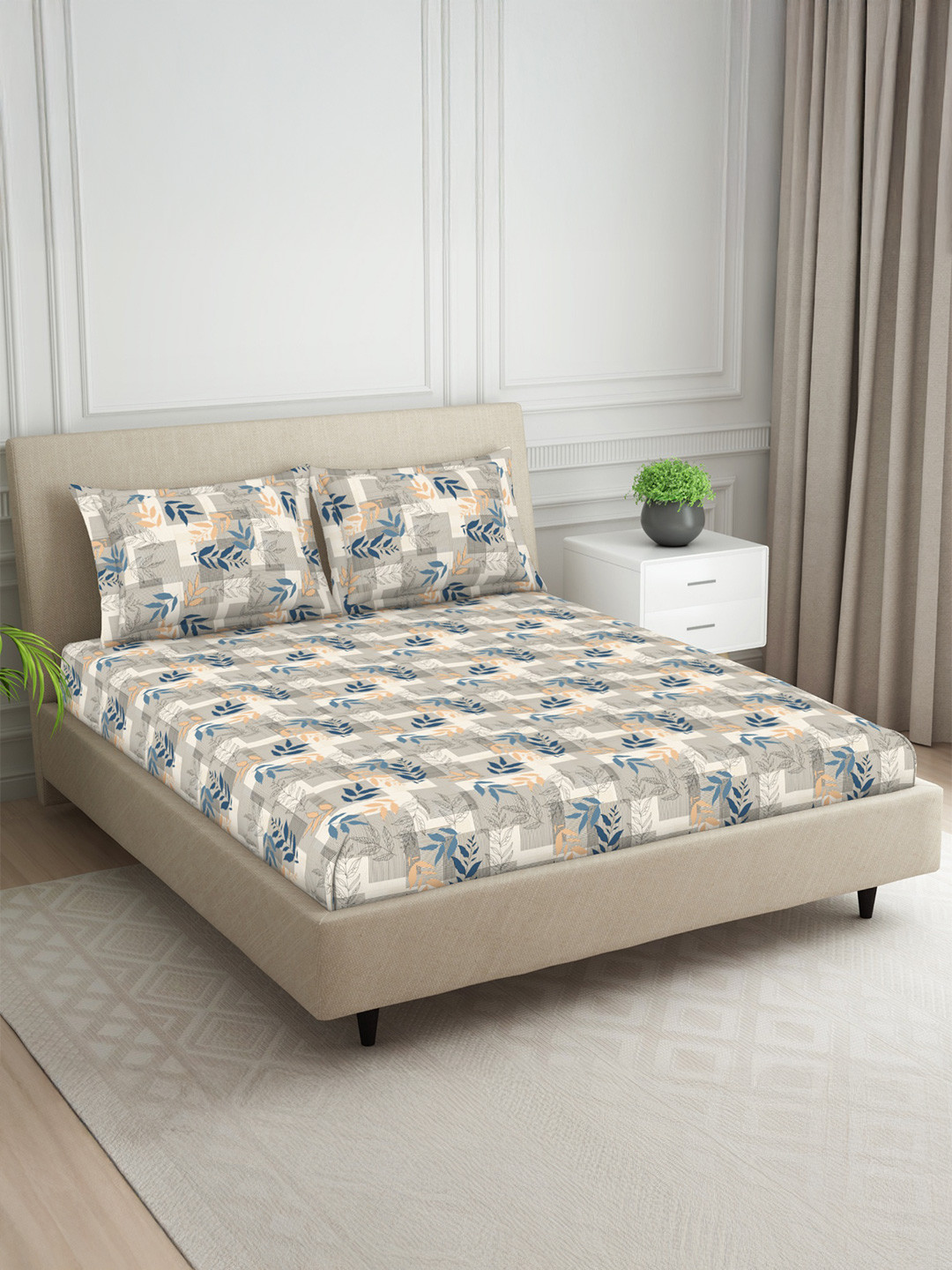Welspun Harmony White & Beige Printed 120TC King Bedsheet Set 108 x 108 Inches