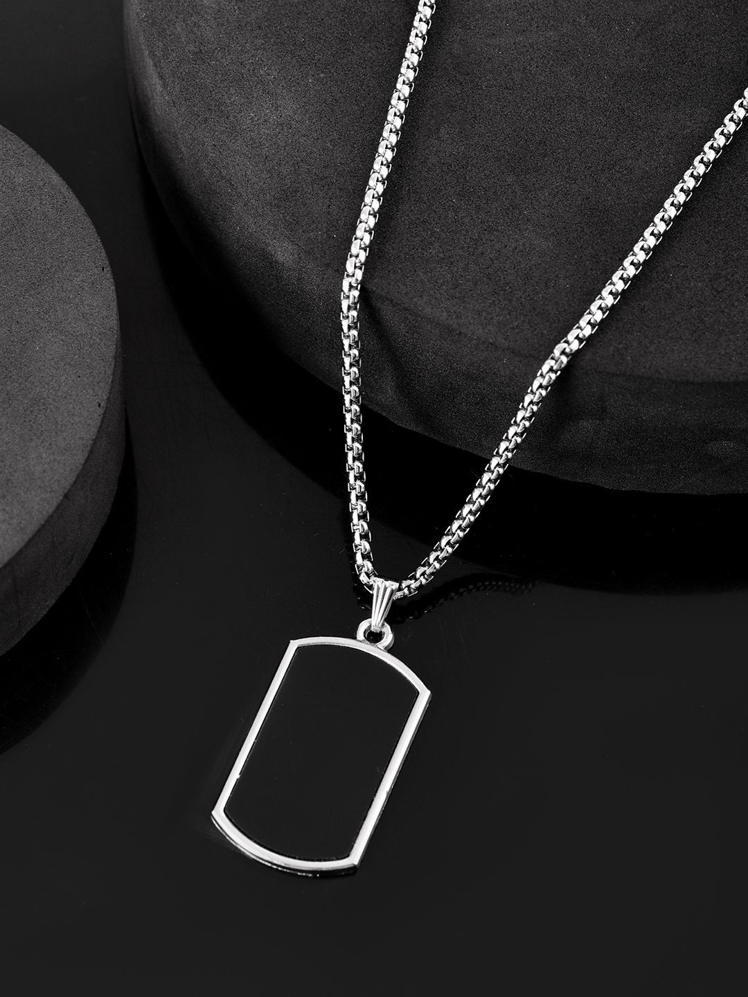 Shoshaa Men Silver-Plated Geometric Shaped Pendant With Link Chain