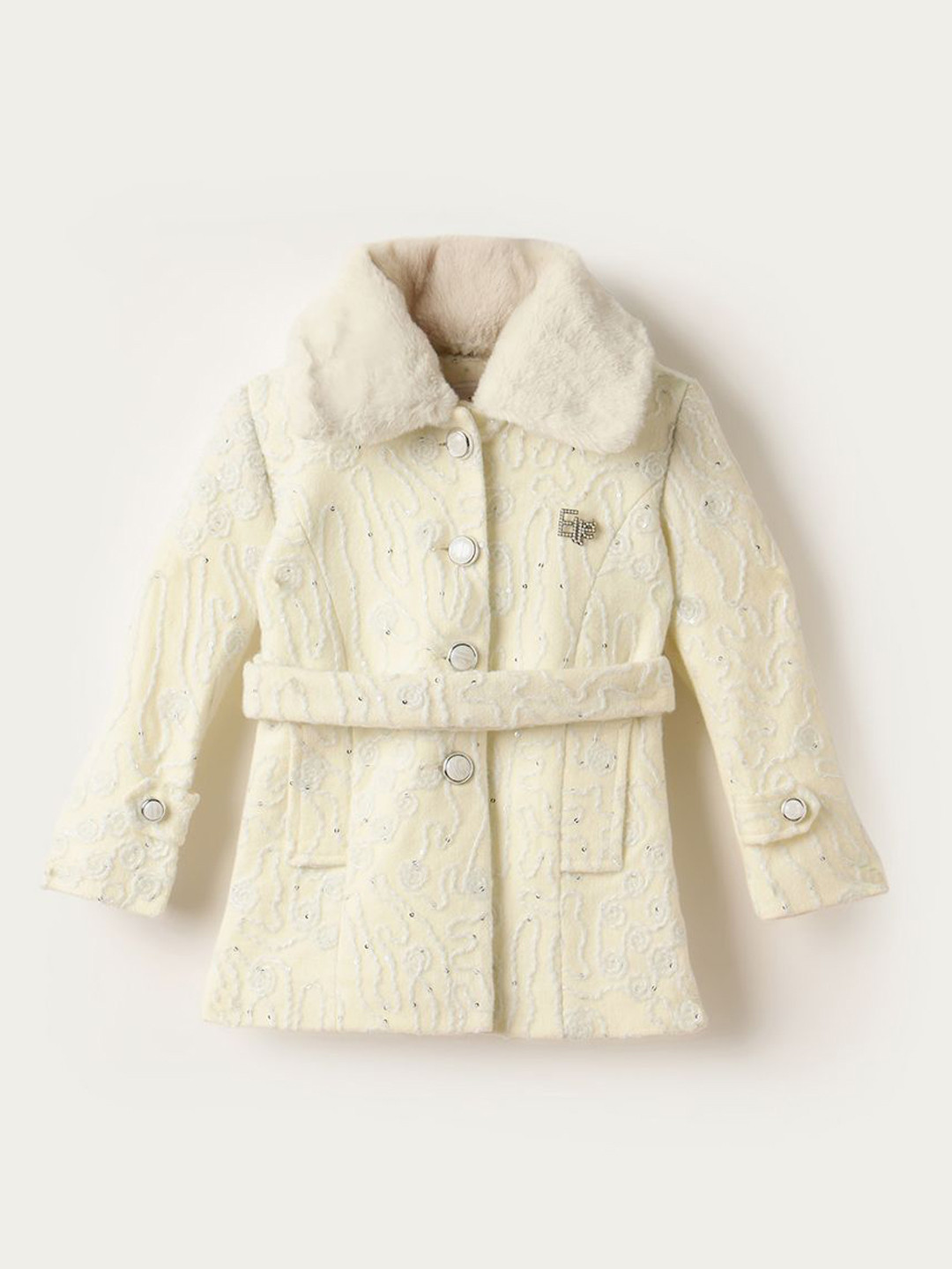 ELLE Kids Regular Fit Self Design Embroidered Spread Collar Overcoat