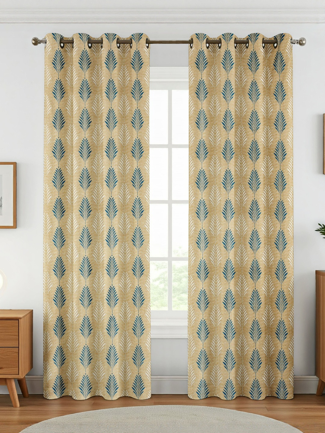 GEET CREATIONS Softy-Plume Beige & Blue 2 Pieces Printed Room Darkening Window Curtain