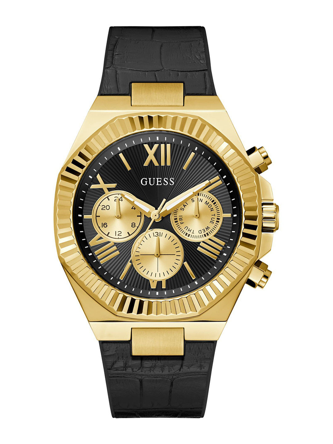 GUESS Men Equity Textured Round Dial & Straps Analogue Watch 50 m Water Resistance