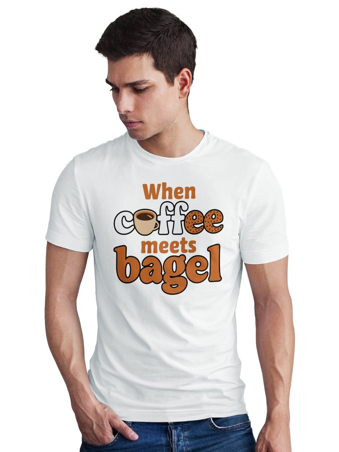 Seekbuylove Men Bio Finish Coffee And Bagel Round Neck Pure Cotton T-shirt
