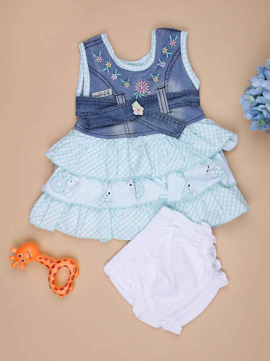 V-Mart Girls Checked Embroidered Belted Layered Fit & Flare Dress With Boomer