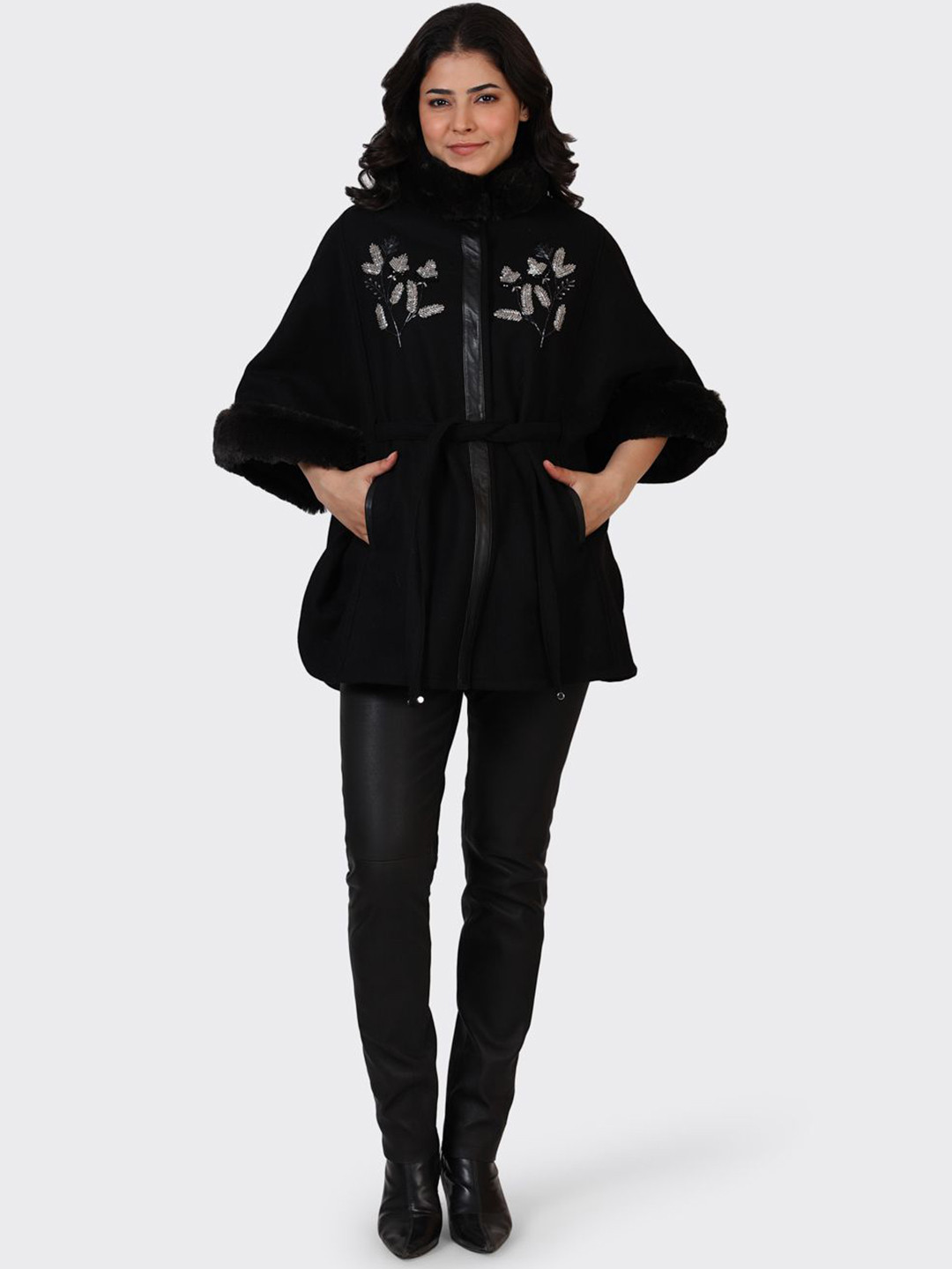 HUE & HIDE Mock Collar Floral Embroidered Woolen Open Front Jacket