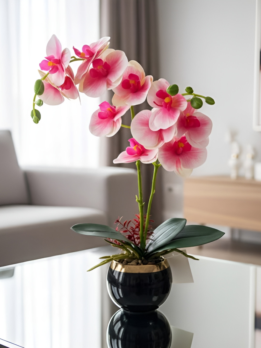 Go Hooked Pink & White Ceramic Orchid Flower Artificial Flower With Pot