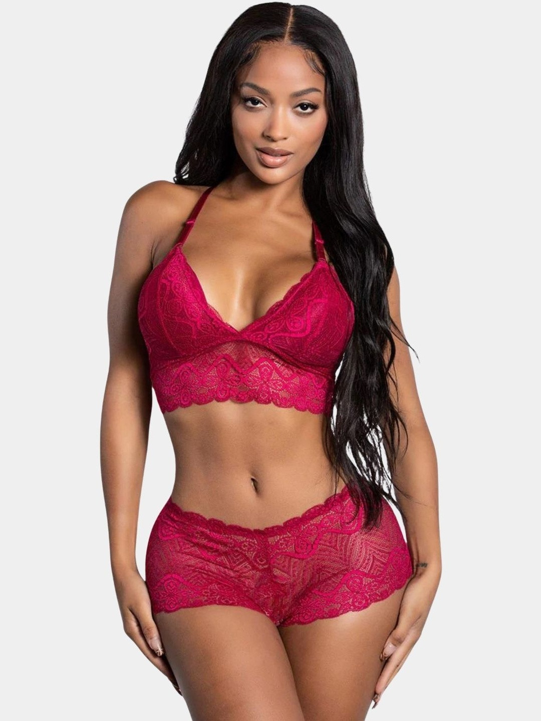 BE IN LOVE Self-Designed Lace-Detailed Non-Padded Racerback Lingerie Set