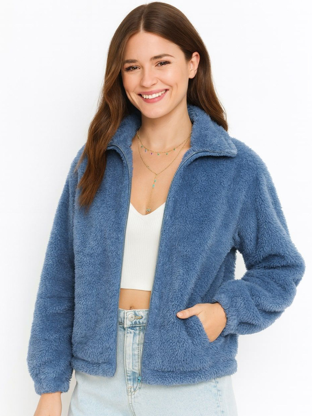 The Dry State Women Solid Regular Zip Up Mock Collar Cardigan