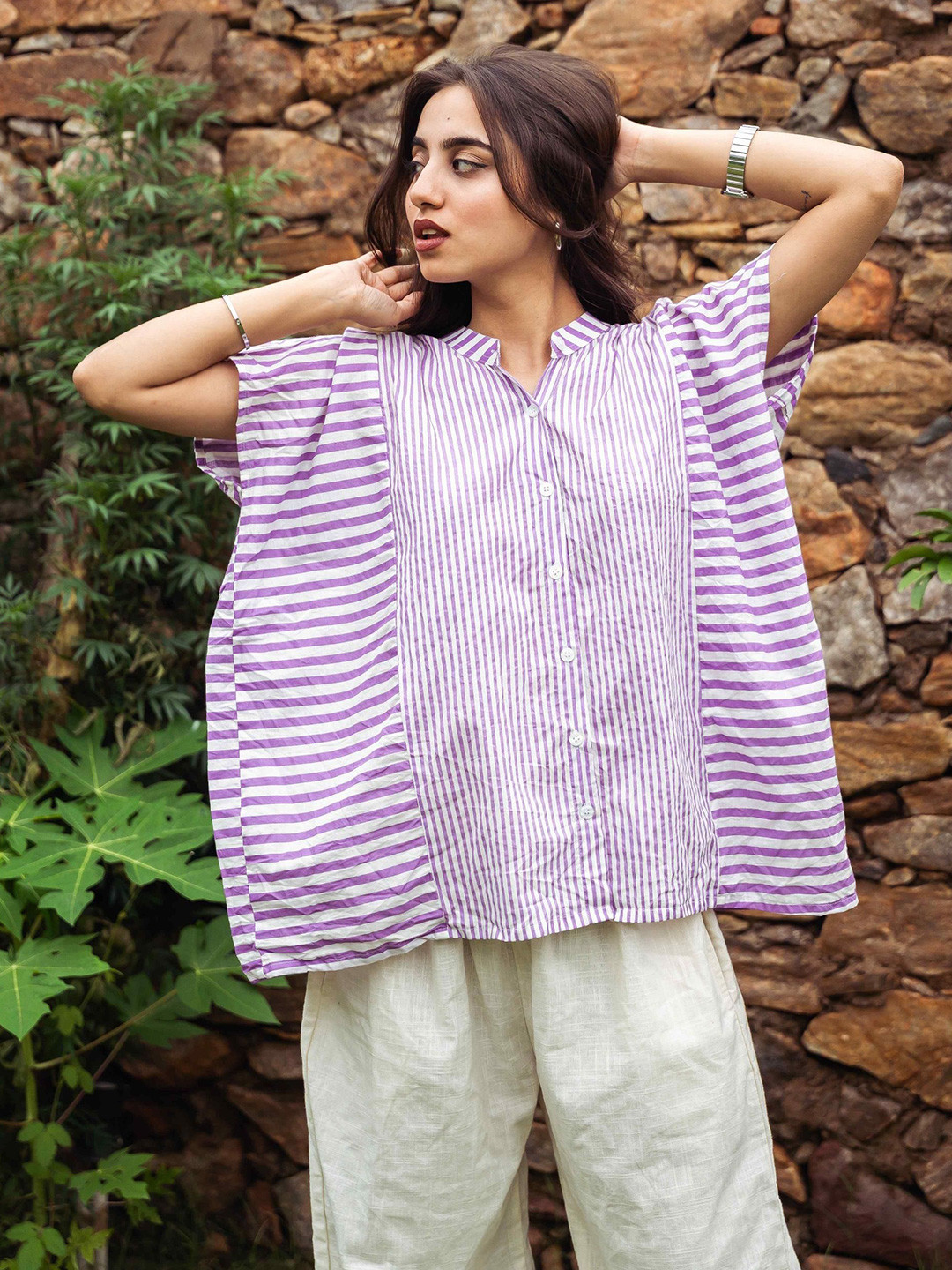 Satnam Handicrafts Striped Kimono Sleeves Band Collar Pure Cotton Kaftan Top