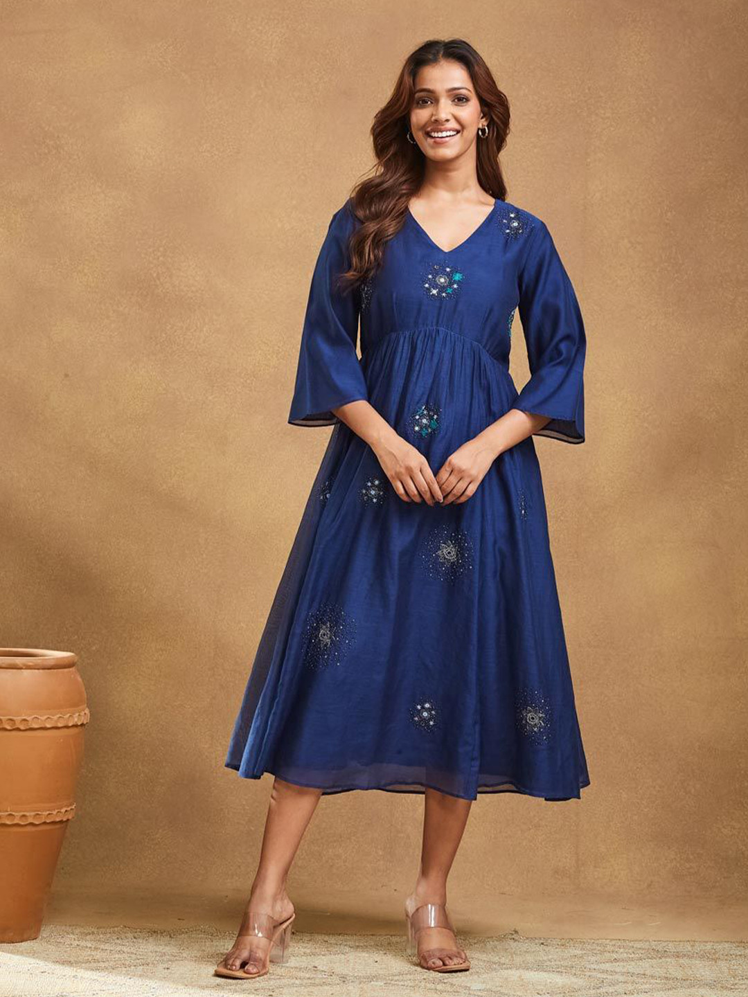 Fabindia  Blue Cotton Silk Embroidered Midi Dress