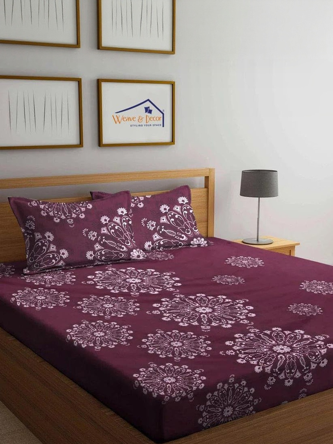NEW TOWN Burgundy & White Floral 210 TC Queen Bedsheet with 2 Pillow Covers