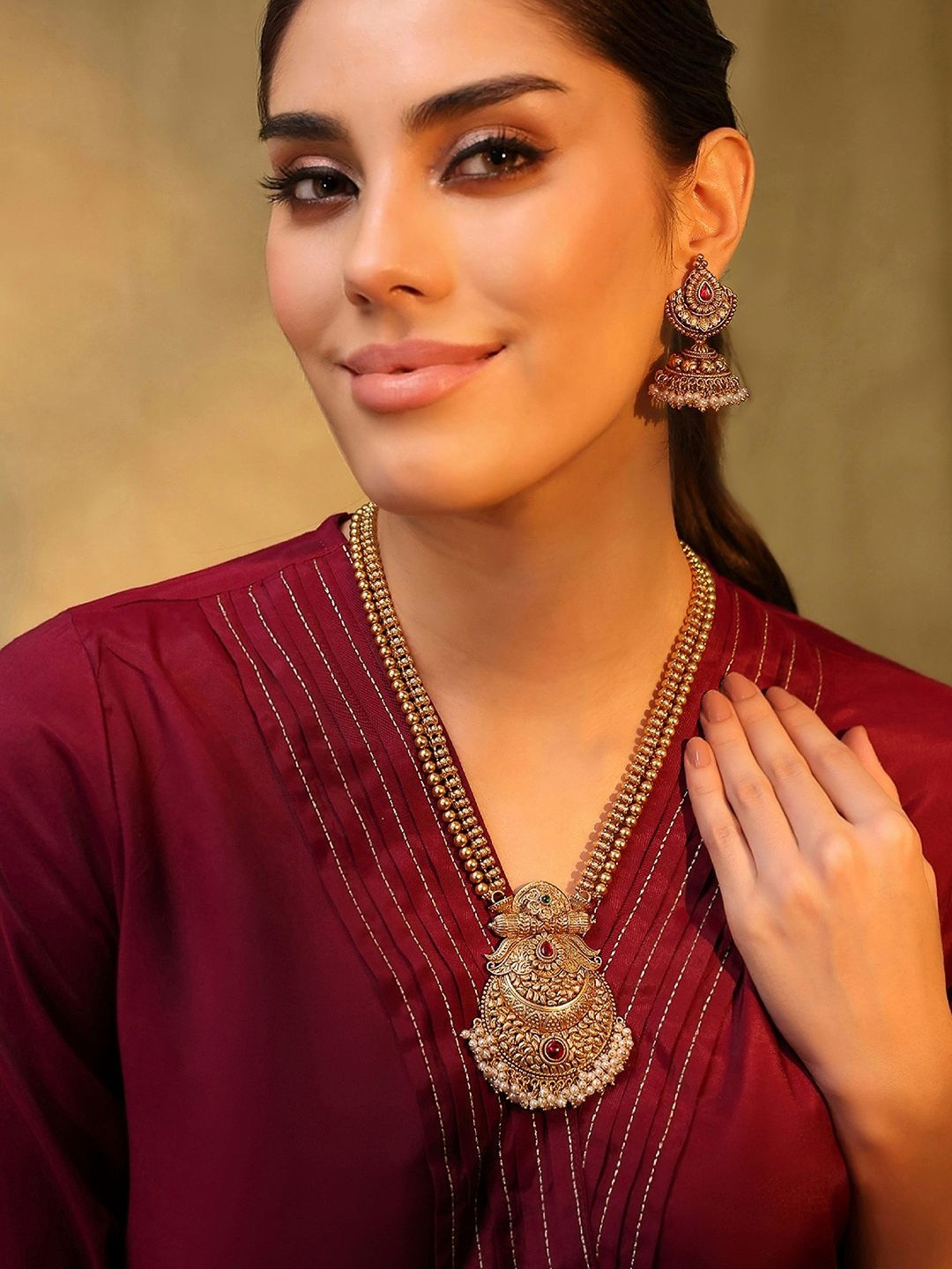 Biba Gold-Plated Artificial Stone-Studded & Pearls Beaded Long Jewellery Set