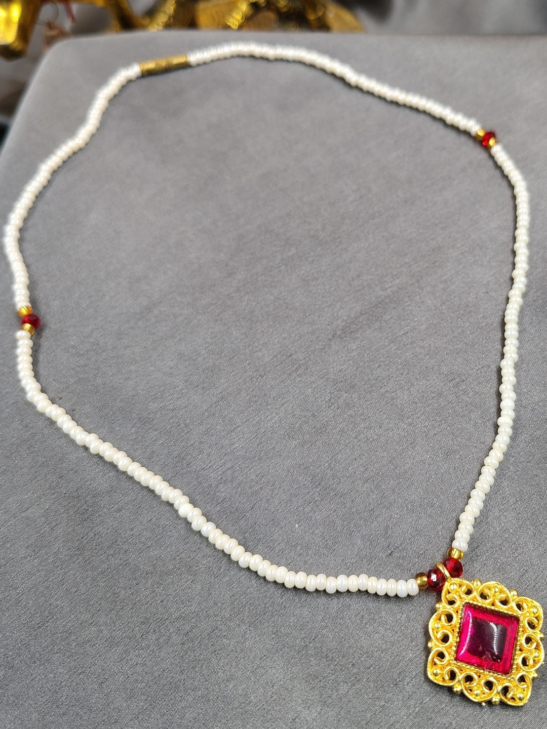 MK gallery  Artificial Studded and Beaded Statement Necklace