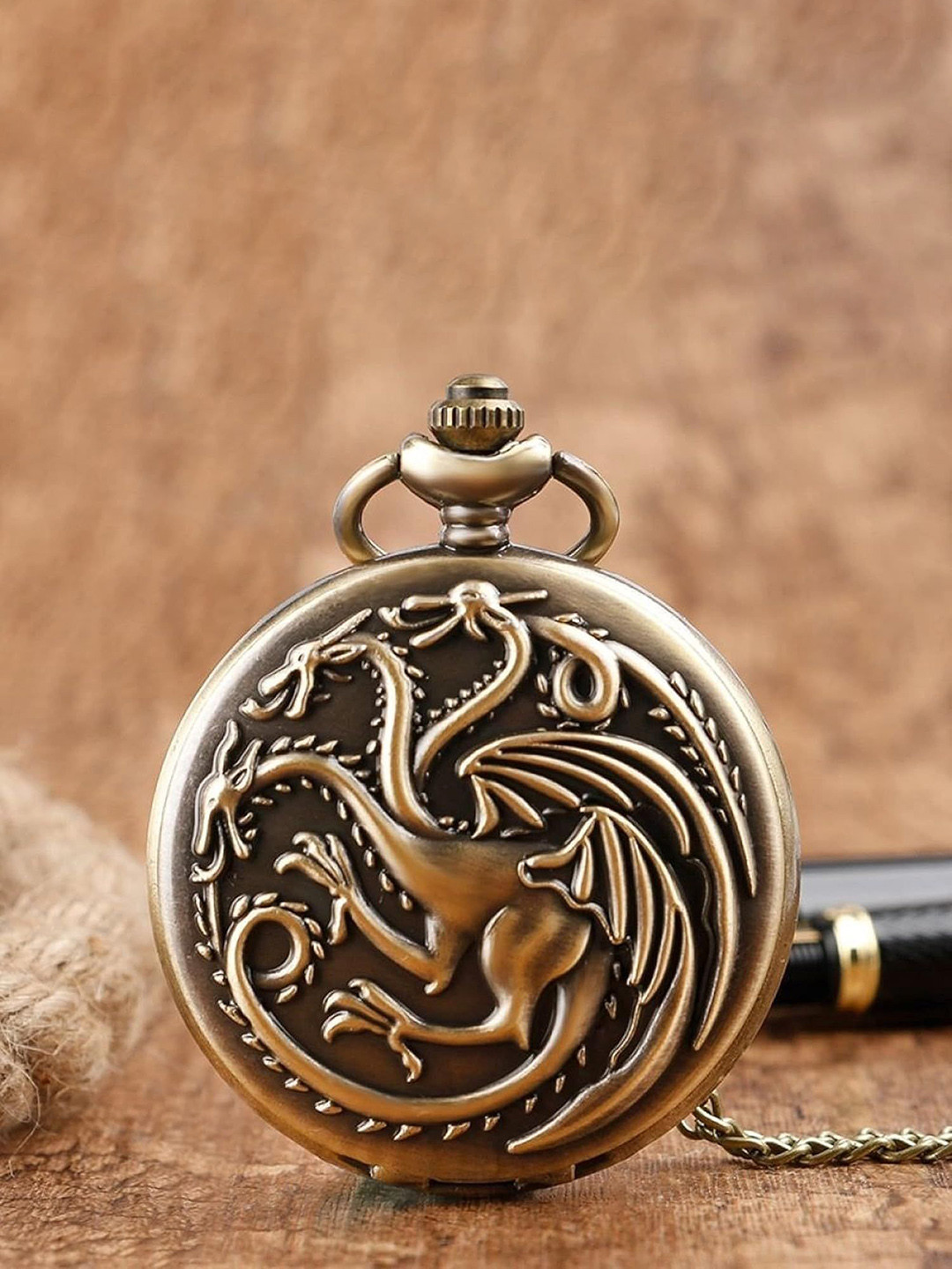 AUGEN Textured Premium Pocket Watch Design Dragon Retro Vintage Key Chain