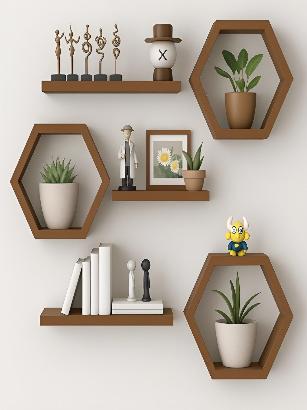 AR SABRI SHOPEE Arif Rao Brown Set of 6 Hexagon Wall Mounted MDF Shelves