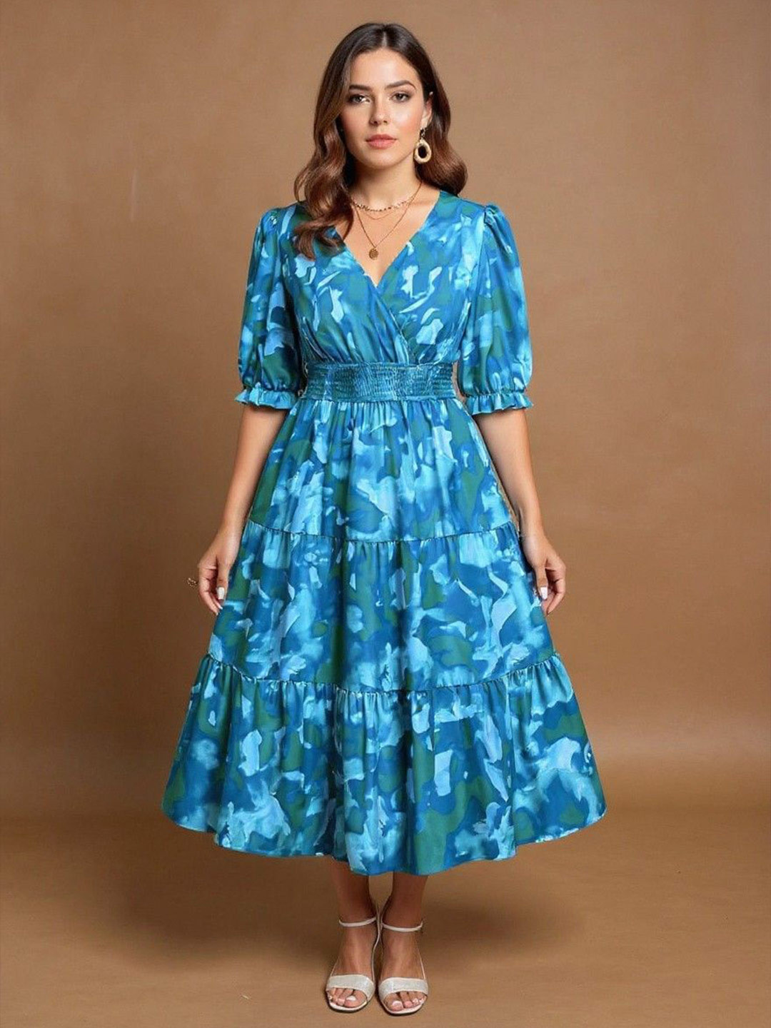 DressBerry Curve Women Abstract Printed Polyster Smocked Tiered Puff Sleeve  Midi Dress