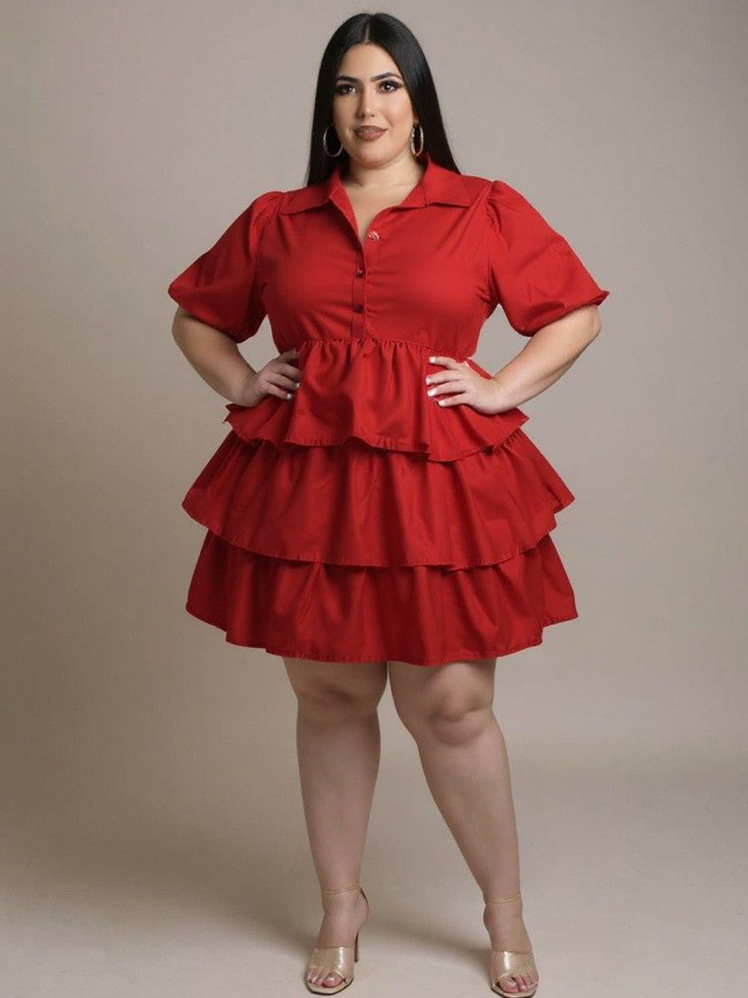 DressBerry Curve Women Plus Size  Puff Sleeve Ruffled Dress