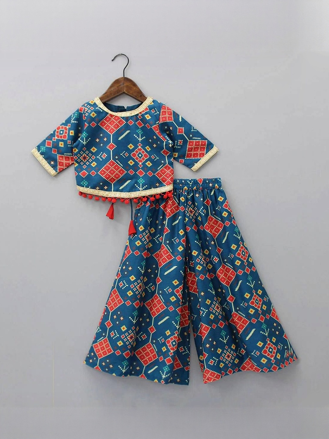 KidsFlower Girls Printed Lace Bordered Top And Palazzo Set