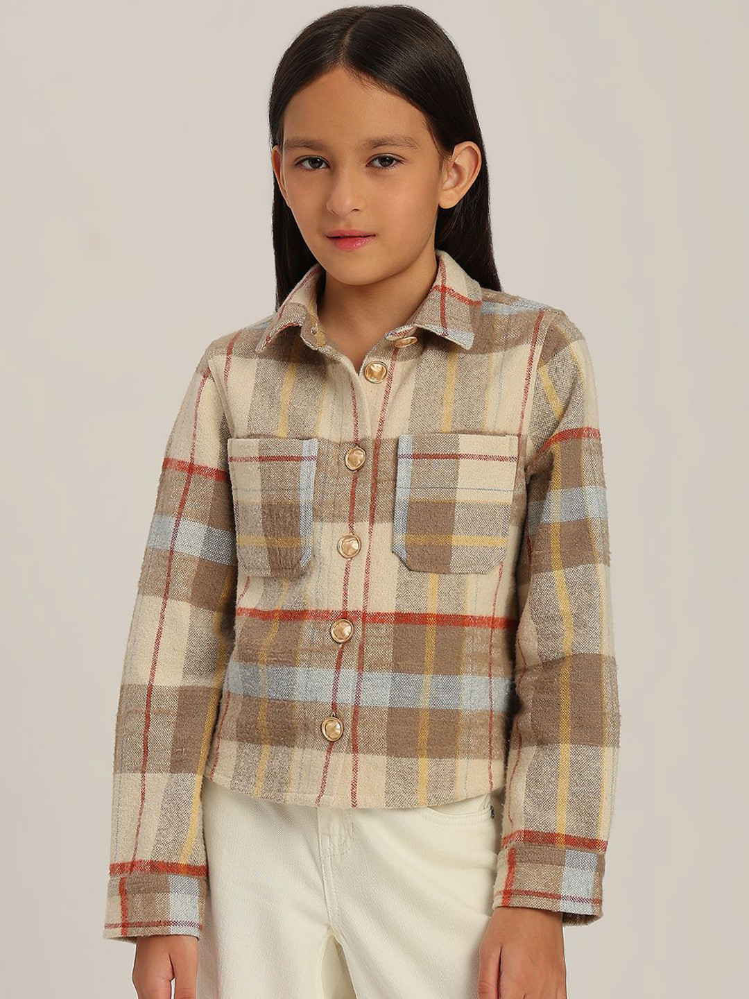 Vero Moda Girls Tartan Checked Spread Collar Pure Cotton Shirt
