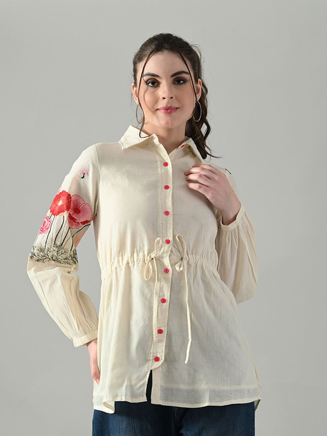 The Roadster Lifestyle Co Flora Embroidered Pure Cotton Casual Shirt