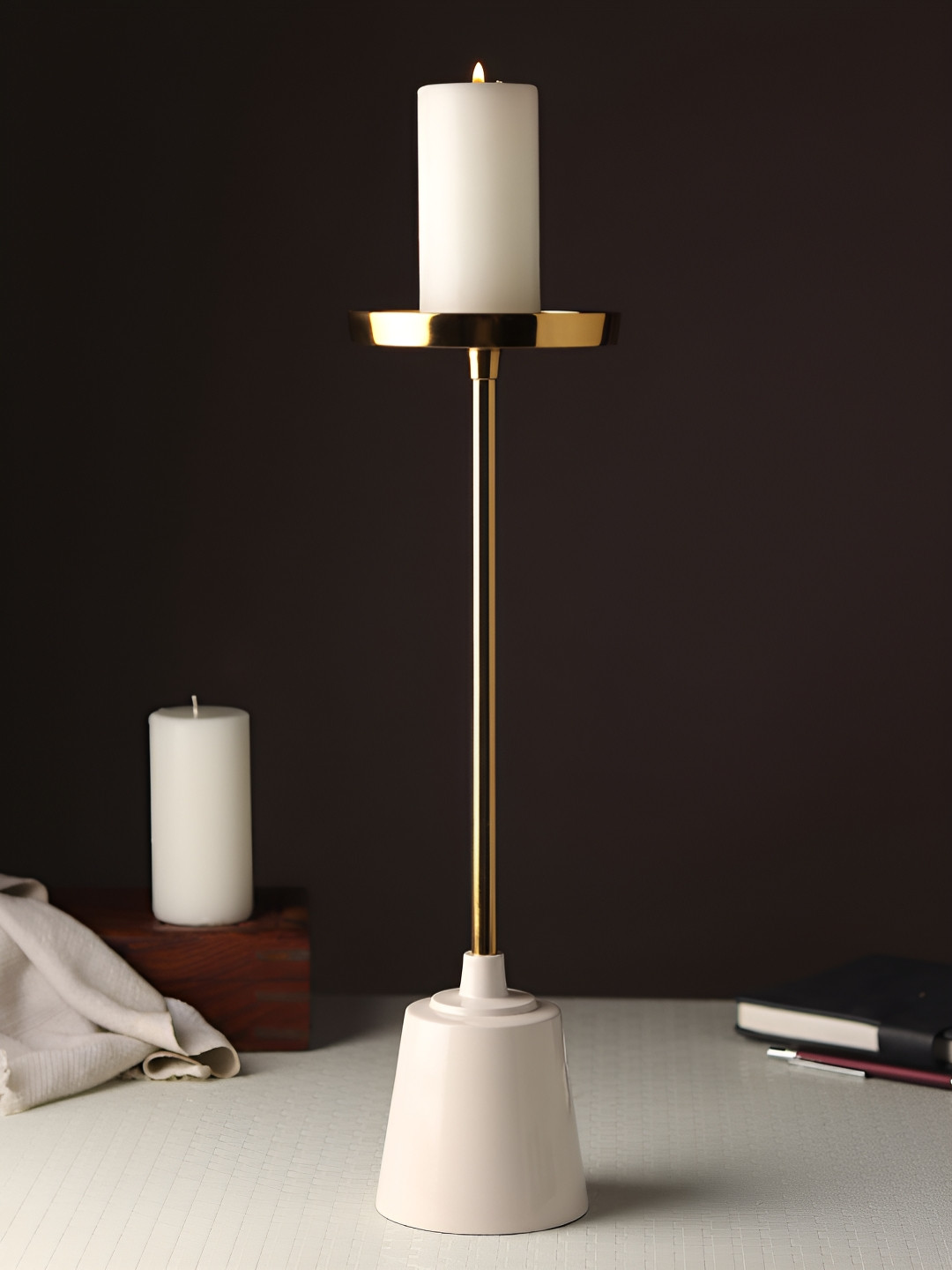 Decor de Maison Altura Grande Gold-Toned & White Tall Candle Holder