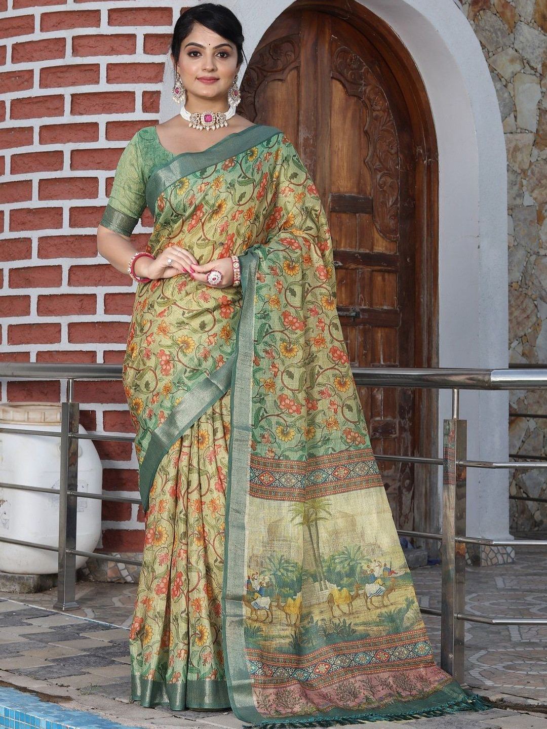 Mitera Floral Printed Cotton Tissue Shimmer Saree