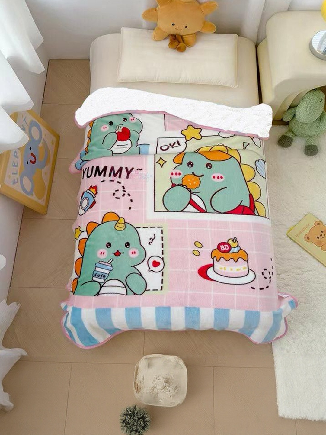 Butterthief Kids Pink & Green Cartoon Characters Sherpa Heavy Winter 350 GSM Blanket