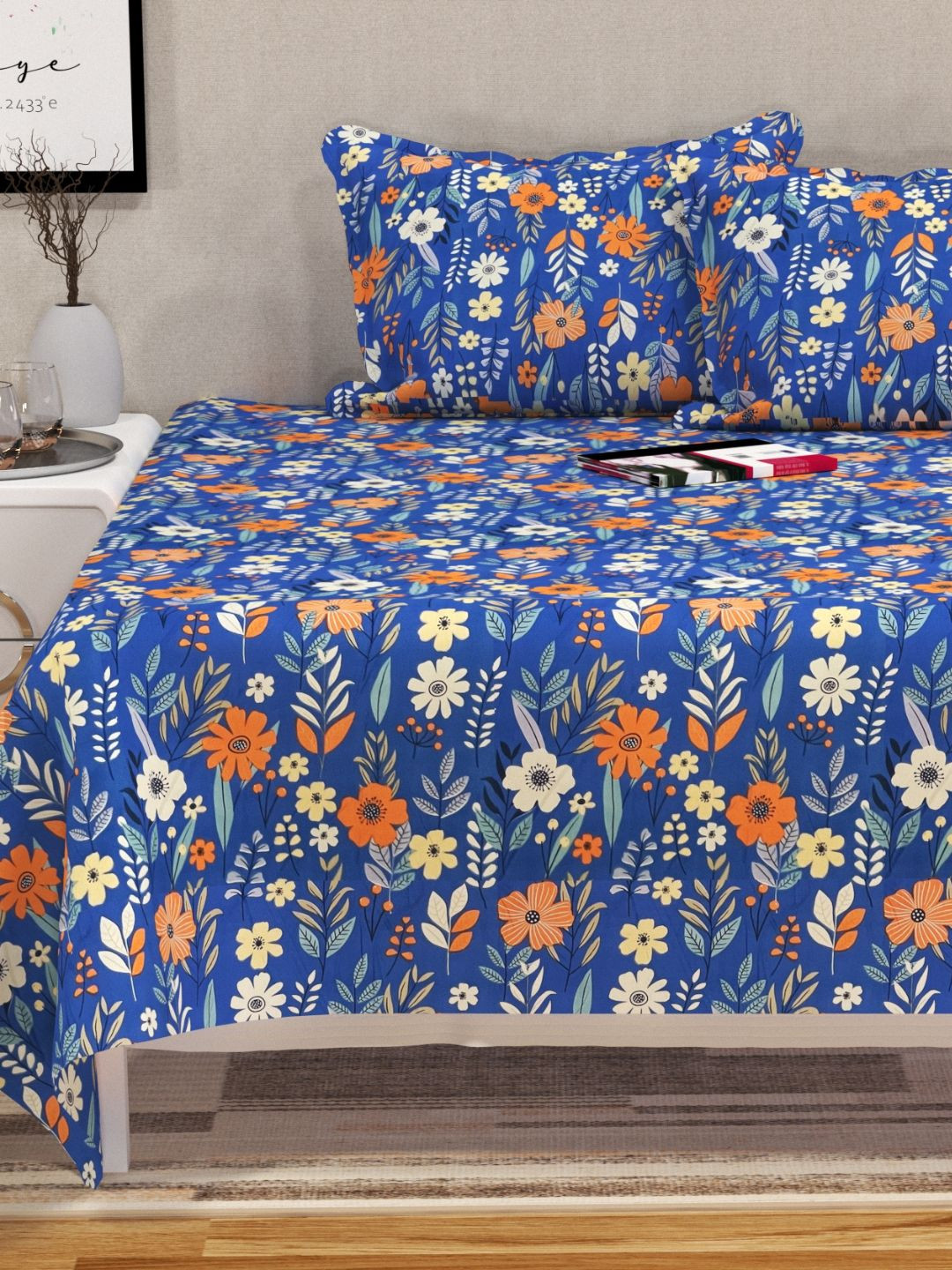 bsb home Premium Kingston Blue Floral Cotton 180 TC King Superfine Bedsheet with 2 Pillow Covers-108 x 108 inches