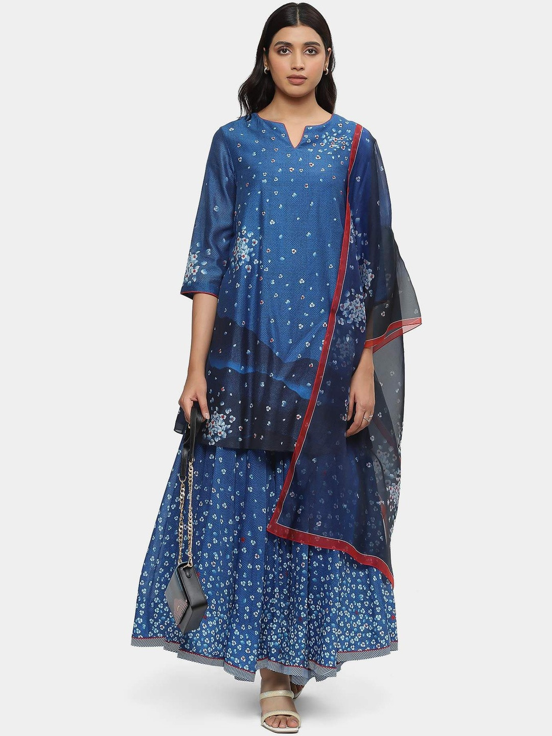 Satya Paul Women Floral Printed Tiered Chanderi Silk Kurta with Sharara & With Dupatta