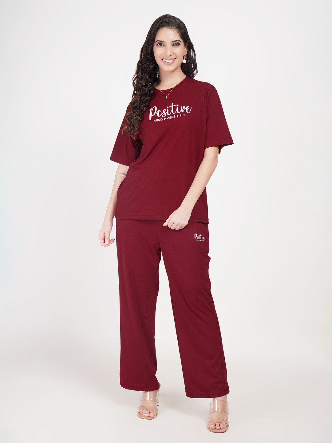 Lugo Women Maroon Cotton Blend Solid Co-Ords