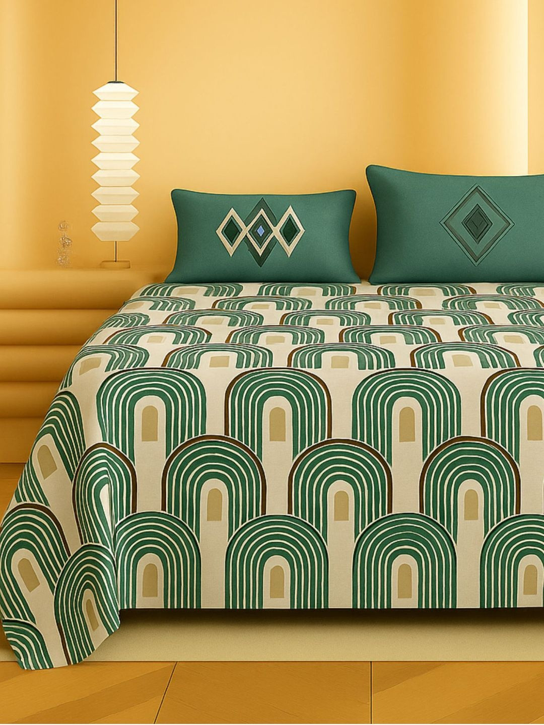 bsb home Green & Beige Printed Cotton 300 TC Double King Flat Bedsheet Set-2.28 m x 2.25 m