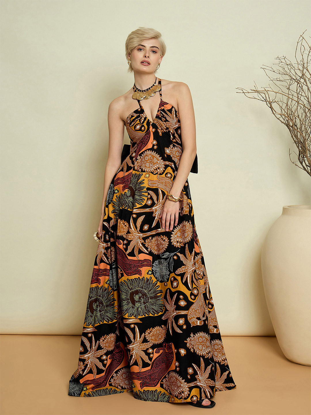Pink Paprika by SASSAFRAS Women Floral Print Halter Neck Maxi Dress