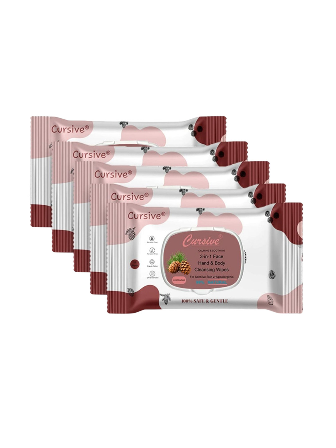 CURSIVE Set Of 5 Cedar Wood Face & Body Refreshing Wet Wipes - 25 Pcs Each