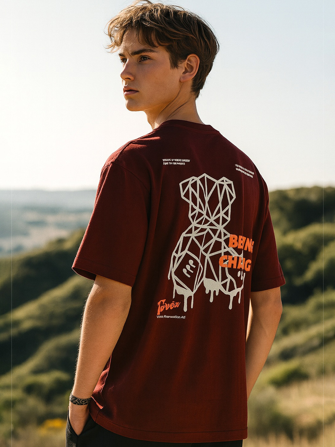 Burgundy Typography Printed Oversized T-shirt with Round Neck