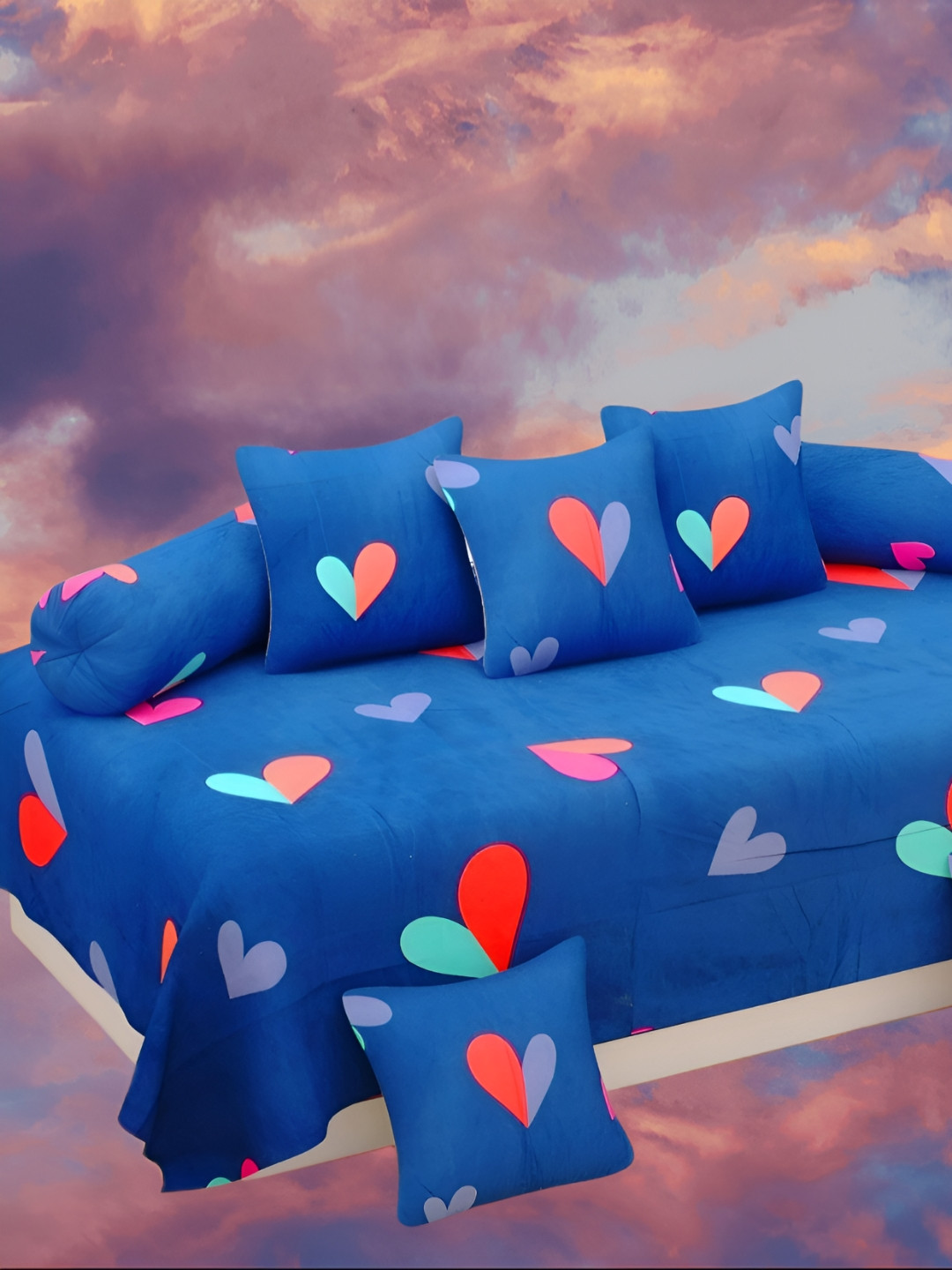 WELLNEST 8Pcs Blue & Red Heart Printed Cotton Diwan Set