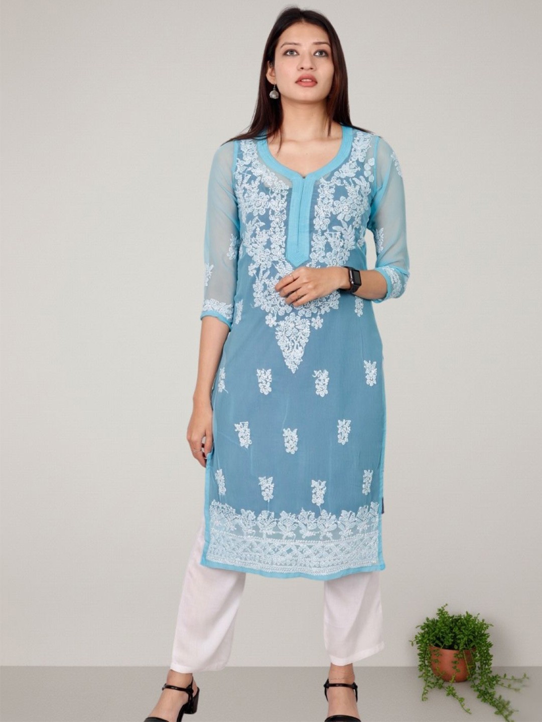 myplusfashion Women Hand Embroidered Lucknowi Chikankari Kurti
