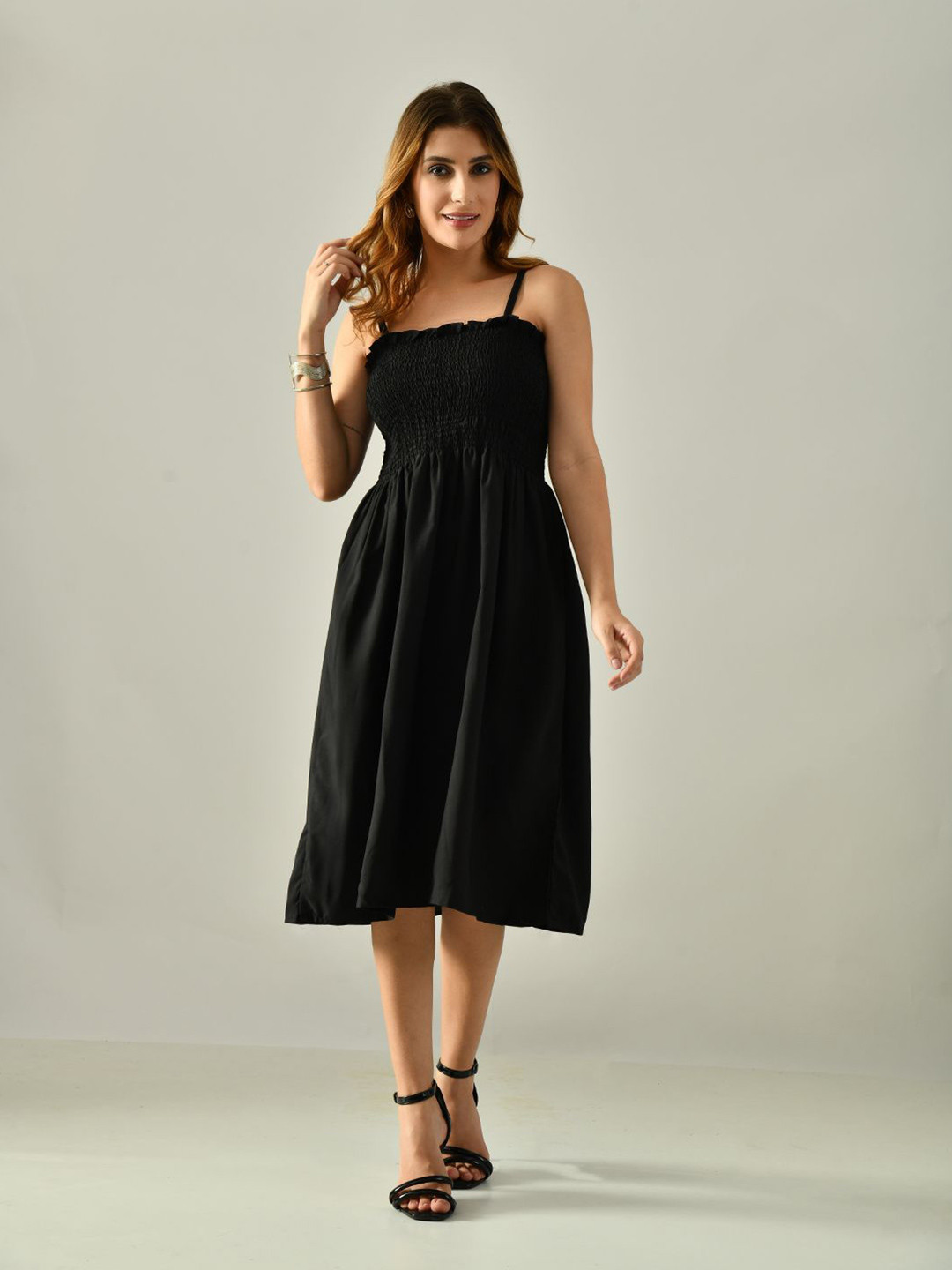 CORSICA Women Black Viscose Rayon With Shoulder Fit & Flare Midi Dress