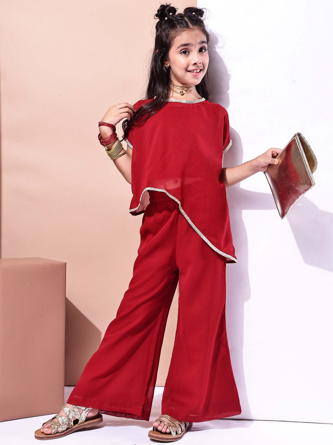 Baawri Girls Round Neck Short Sleeves Top And Palazzo