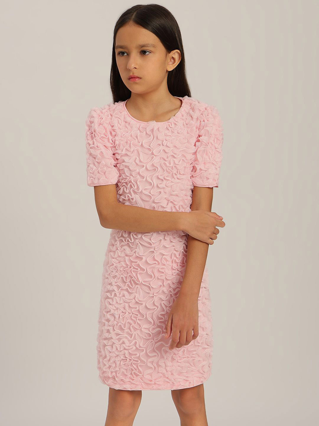Vero Moda Girls Round Neck Self Design Ruffles Shift Mini Dress