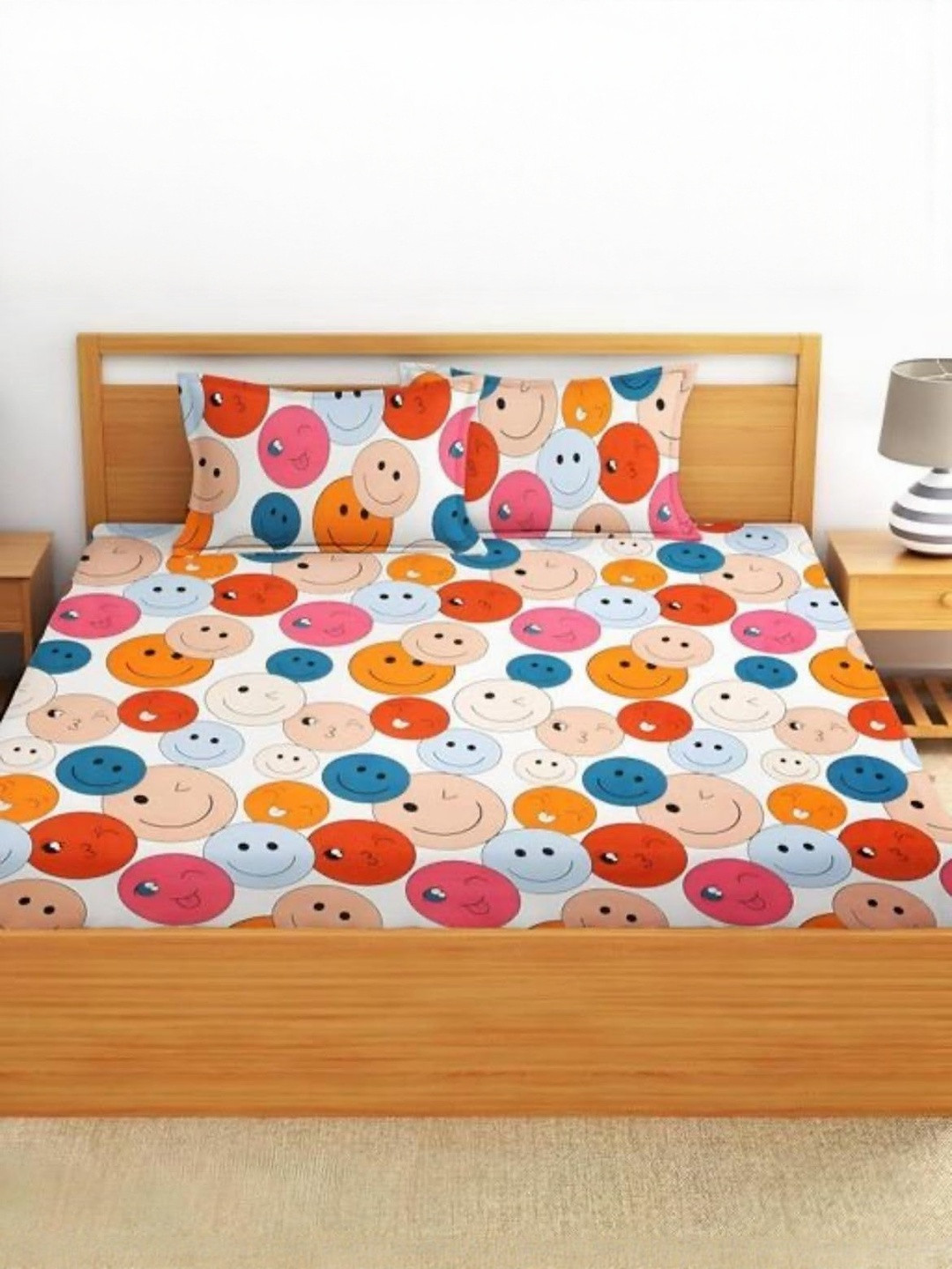 NEW TOWN White & Blue Graphic Cotton 210 TC Fitted Queen Bedsheet Set-1.82mx1.98m