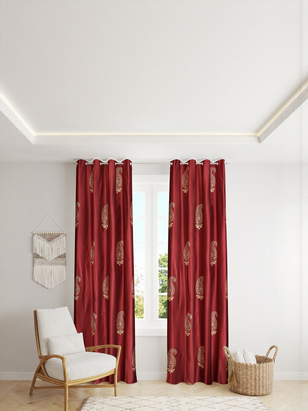 GEET CREATIONS Softy-BigLeaf Maroon 2 Pieces Printed Room Darkening Window Curtains