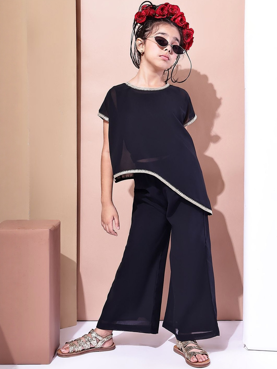 Baawri Girls Round Neck Short Sleeves Top And Palazzo