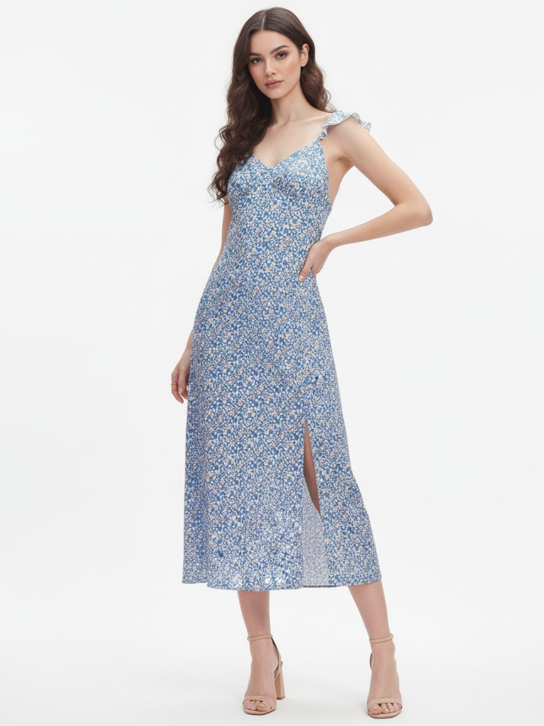DressBerry Floral Print Front Slit Ruffled A-Line Midi Dress