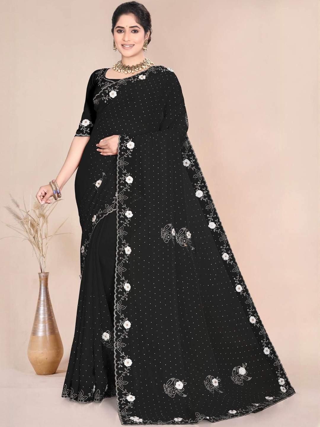 Rovera nx Floral Embroidered Satin Saree With Unstitched Blouse Piece