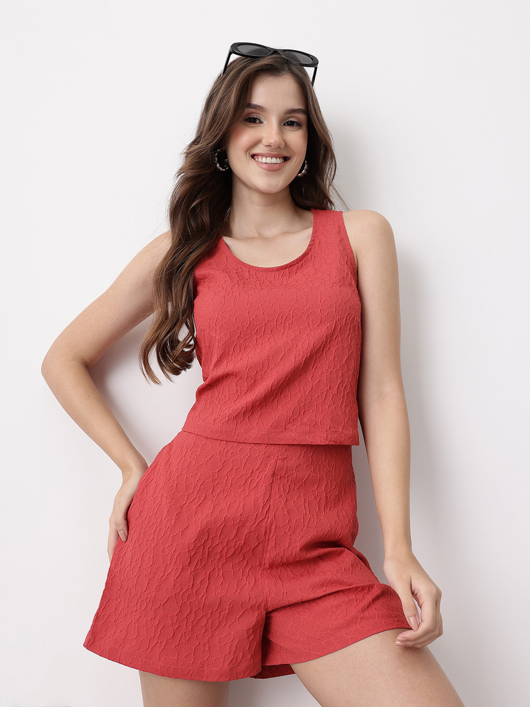 Mast & Harbour Abstract Self-Design Crop Jacquard Top with Shorts