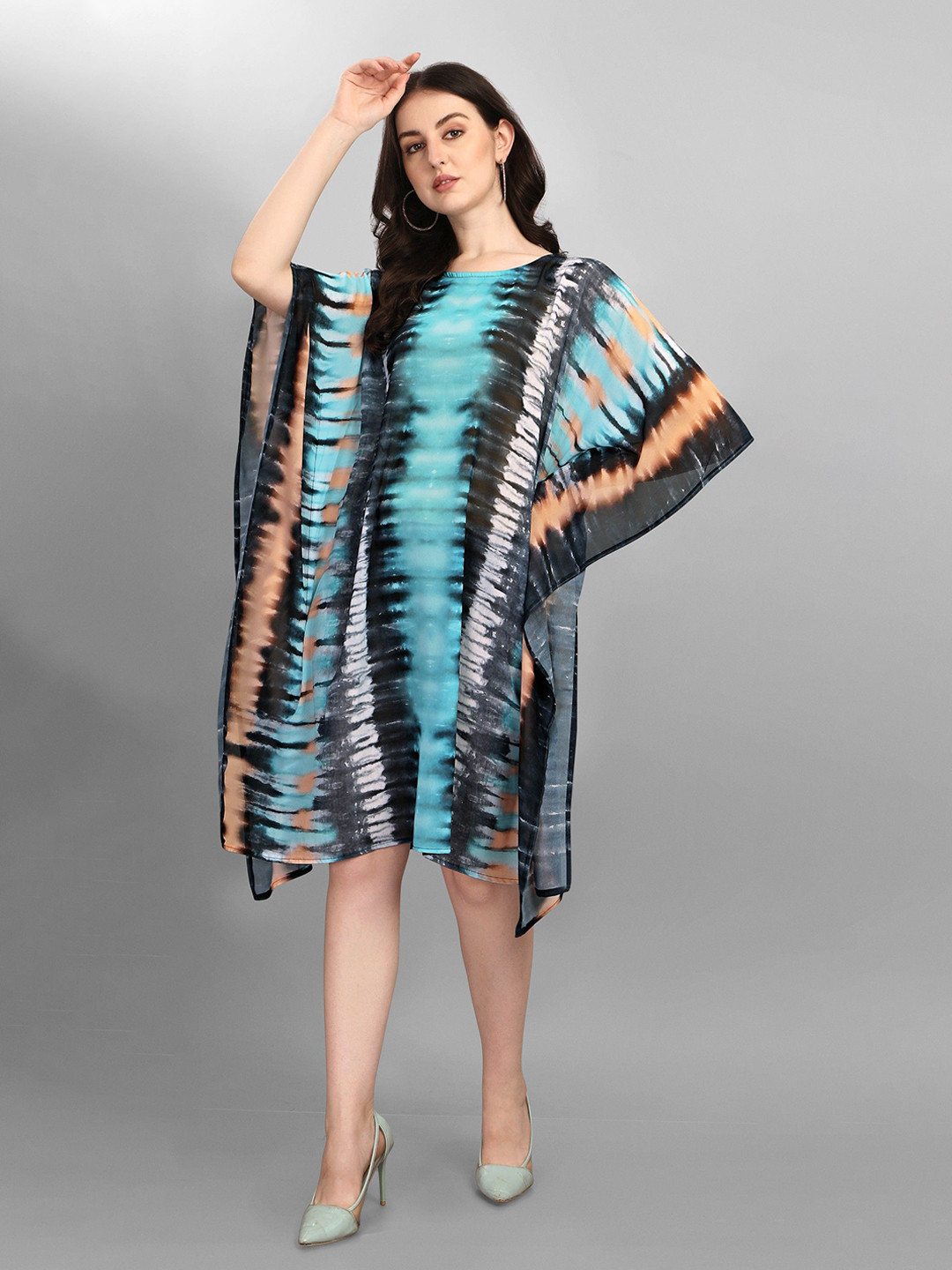 ROMONIA Women Tie and Dyed Kimono Sleeve Knee Length Kaftan Dress