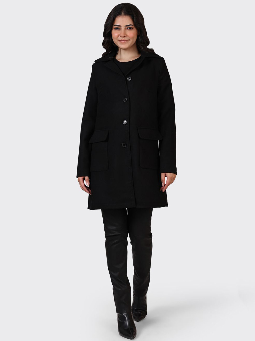 HUE & HIDE Women Wool Lapel Collar Solid Tailored Jacket