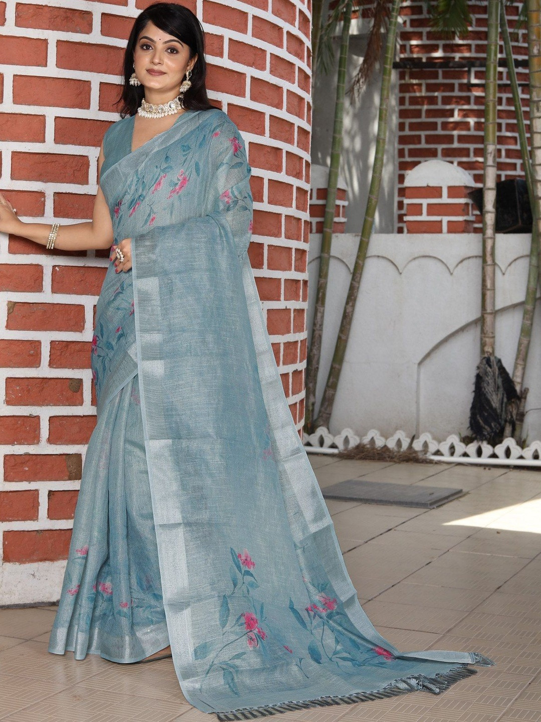 Mitera Floral Cotton Tissue  Shimmer Saree