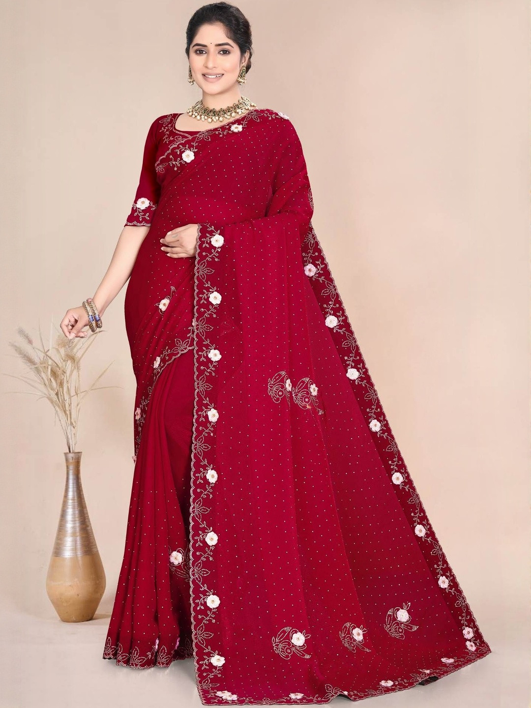 Rovera nx Floral Embroidered Satin Heavy Work Saree